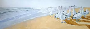 Pelicans come to crowd around us and say hello.