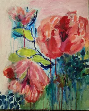 Vibrant pinks contrasting with deep fiery reds and soft greens and olive greens indeed makes one thing of a burst of colour.