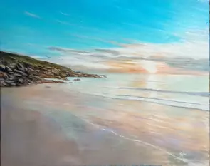 Large impressionist oil describing a tranquil sunrise.