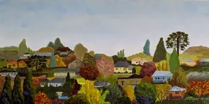 A landscape painting that depicts a view of a suburb where the trees and houses are seen. The colours are representative of …