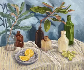 ceramics, branches and fruit on cloth