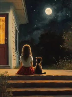 a visual meditation on connection, wonder, and the beauty of quiet companionship. The young girl and her cat, sitting side b…