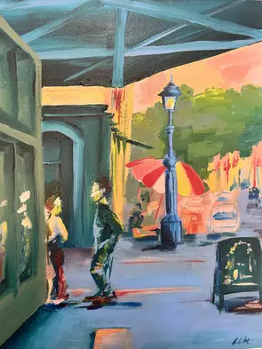 A colourful painting of people talking and a blurred vibrant background in Gertrude street, Fitzroy. The scene has a lamp an…