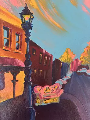 A vibrant painting of Brunswick street in Fitzroy at dusk, showing a vintage style lamp post and a footpath. The artwork has…
