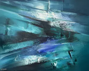 Horizontal abstract painting large diagonal angled strokes in turquoise.