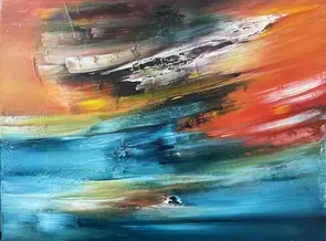 Small horizontal abstract painting half blue half orange diagonal movement
