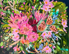 Vibrant and colourful abstract of native flowers blooming in a moody, expressionist style.