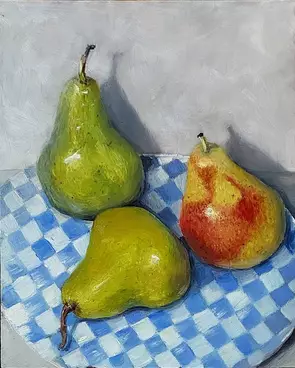 Three ripe pears on a blue and white check plate. Framed in Oak, Still Life oil painting.