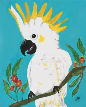 The painting is of a happy sulphur-crested cockatoo perched on a tree branch, with a turquoise blue background.