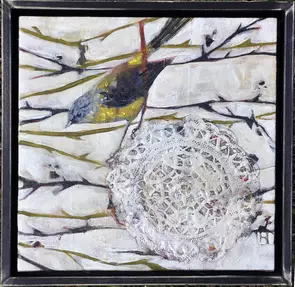 Eastern Yellow Robin on a beige red and ochre background with a soild black frame.