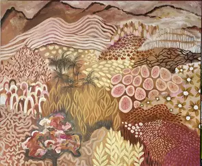 A landscape in brown, eathy tones showcasing fields with different playful patterns and imaginary shapes leading up to a mou…