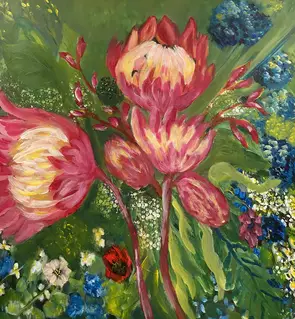 Vibrant red mixed with pink magenta contrasted with cad yellow white black and pthalo blue. The vibrant mixes in this art ar…