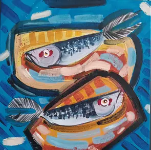 Sardines against a blue and brown background