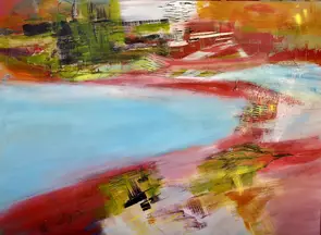 Abstract mixed media painting featuring dynamic sweeps of red, pink, and white across the canvas, with accents of green, yel…