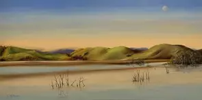 Moody Oil painting of sunset and moon rise at Bonnie Doon, ready to hang