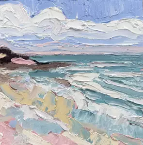 Thick oil paint in a soft pastel colour palette juxtaposes the fluffy white clouds in the blue sky and waves crashing to sho…