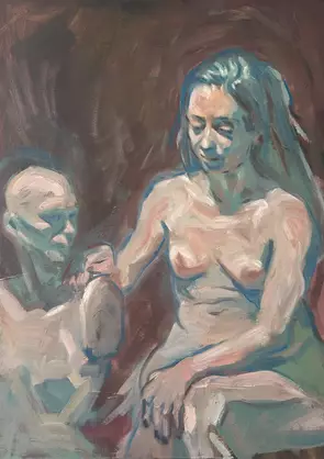 A nude woman sits with one leg raised and her arms resting across her knee, beside a seated mannequin on the left. The figur…