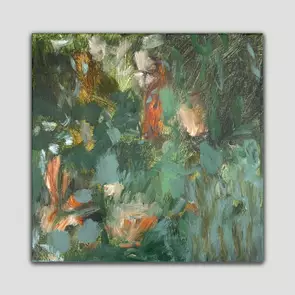Nature inspired abstract painting with expressive style, in green tones with hints of brown.