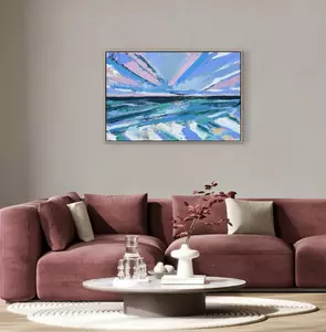 An abstracted seascape painted thickly with a palette knife with a rough green/blue sea with white, pink and ochre giving it…