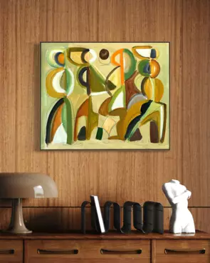 Acrylic and charcoal abstract in midcentury modern style of people at a party on canvas textured board