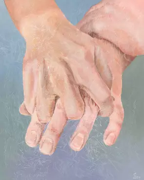 Vertical figurative acrylic painting of layered hands resting together in a gentle protective gesture, against a textured ba…