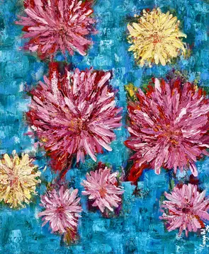 Modern artwork rich in texture and colour bringing the garden full of Dalia like a starburst of colour hanging inside in a r…