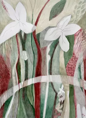Semi-abstract depiction of orchid flowers and stems in dark red, beige and muted greens