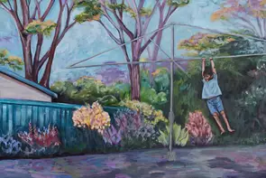 Image is an oil painting of a boy swinging on a clothesline in an Australian backyard. The boy is wearing a light blue t-shi…