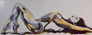 Reclining figure painted in black, white, and gold with textured mixed‑media layers and gold leaf accents on a soft neutral …