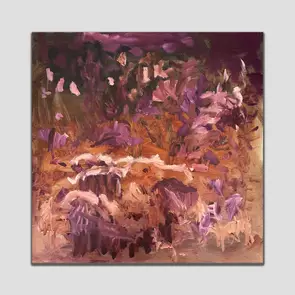 A large square abstract painting in expressive style with gestural brush strokes and mark-making in burgundy, maroon, brown …