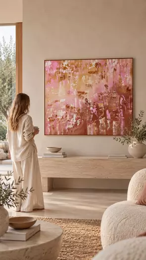 Abstract textured painting titled So Much to Love by Alanah Jarvis, featuring layered blush pink, warm ochre, earthy brown, …