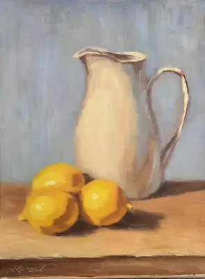 Three lemons and a ceramic jug painted in oils on panel. Warm light, cool shadows and visible painterly brushwork create a c…