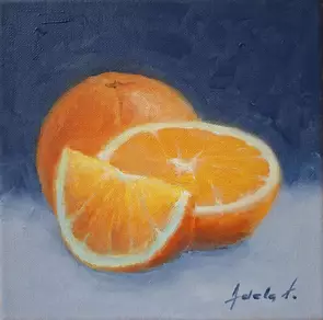 Glowing oranges on a blue background painted realistically.