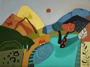 A whimsical decorative abstract landscape.