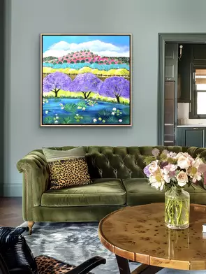 A modern spring jacarandas in flower country landscape artwork.