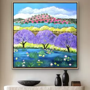 A modern spring jacarandas in flower country landscape artwork.