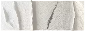 Third Release by Julee Latimer is a minimalist contemporary wall sculpture featuring raised forms densely layered with white…