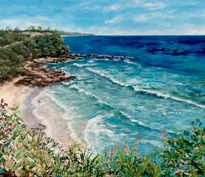 Colourful aerial painting overlooking rocks sand, saffire sea and turquise waves at Coolum Beach, Qld.