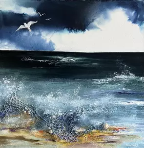 A beautiful beach scene with some very tiny shells on canvas.