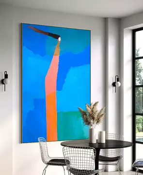 Abstract of figure shape in a midcentury modern style in blues and pinks.