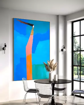Abstract of figure shape in a midcentury modern style in blues and pinks.