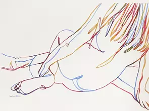 A relaxed figure is captured in a moment of complete ease. Flowing strands of hair, gently bent limbs and loosely arranged c…