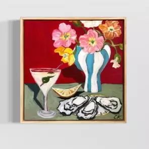 Poppies in the vase , oyster and cocktails on table
