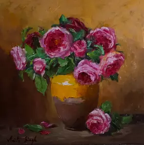 French chic Oil painting features pink David Austin Gertrude Jekyll garden roses and mustard yellow earthy French confit pot…