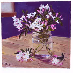 A bunch of fresh cut jasmine flowers in a glass jar by a window. Shadows being cast