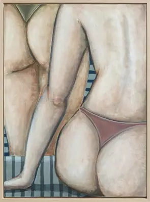 A framed painting of several nude figures close together, seen from behind and the side. Soft skin tones, one figure wearing…