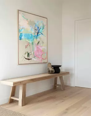Can We Go to the Beach? by Shannon Riches is a contemporary abstract expressionist painting featuring sweeping turquoise and…