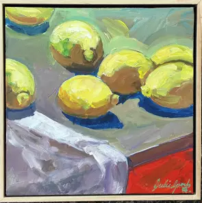 texture of the lemon skins layered strokes to give the impression of the tea towel heavy shadows focused on the light and co…