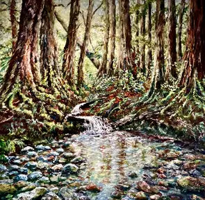 Rockpool reflecting an old forest of moss covered trees, with waterfall.
