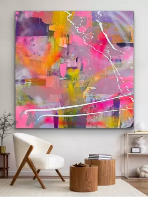 A vibrant abstract painting layered with vivid pink, golden yellow, orange and purple, softened by patches of grey and mauve…